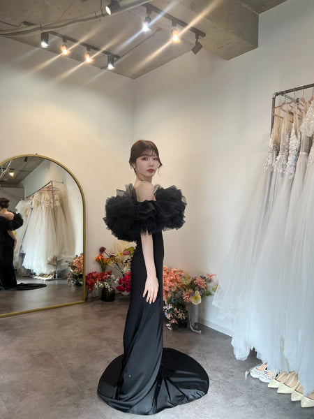 チュール オフショルダー ソフトマーメイドドレス（W372BK）