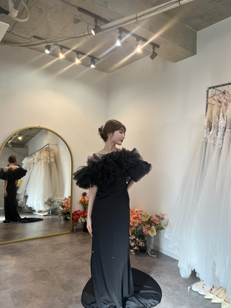 チュール オフショルダー ソフトマーメイドドレス（W372BK）