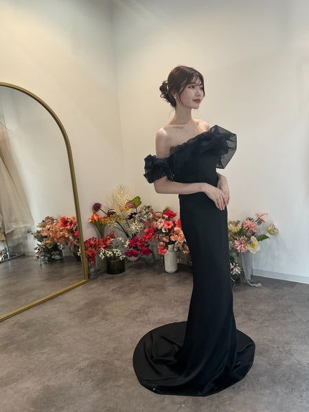 チュールショルダー ソフトマーメイドドレス ブラック（W341BK）