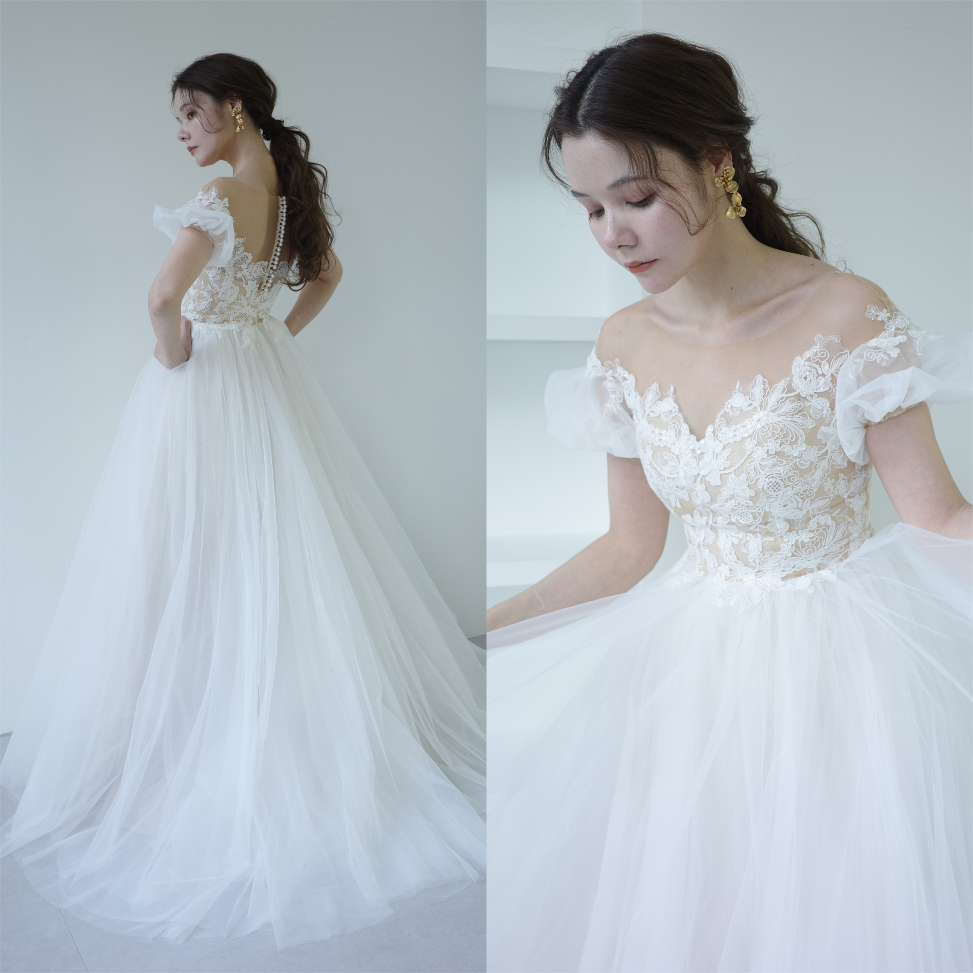 DRESS PRODUCTION オフショルダー Aライン ウェディングドレス パフスリーブ オフショルダー風 レース Aラインドレス(W132)