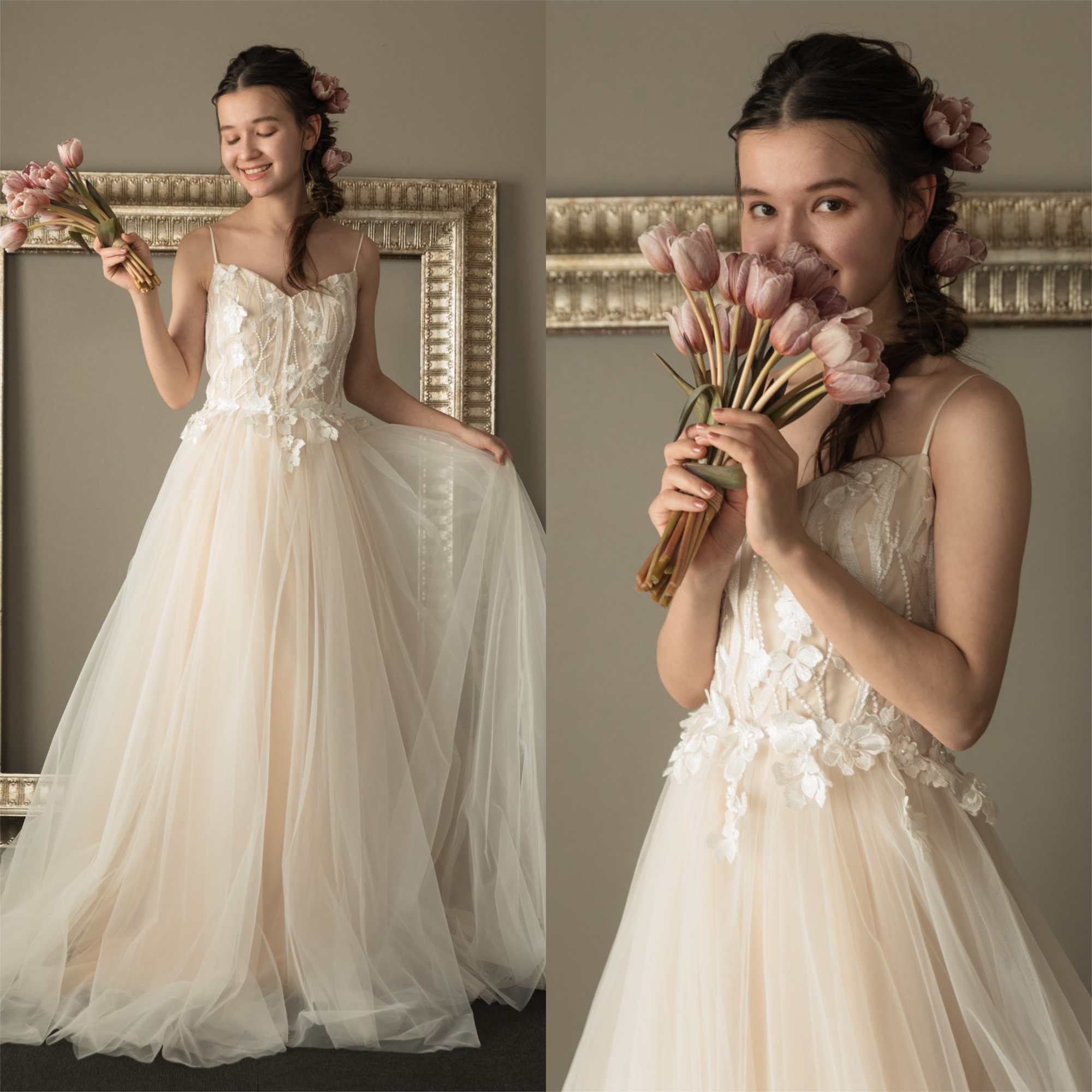 希少】SELF PORTRAIT シャンパン サテンフラワー マキシドレス 希少】SELF PORTRAIT シャンパン サテンフラワー マキシドレス