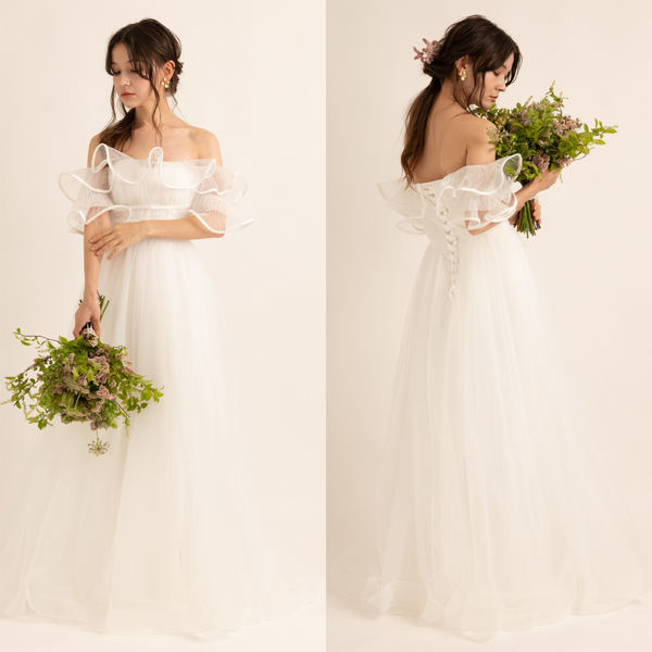 Giana オフショルダー Aライン ドレス オフショルダー シャーリング フリル Aラインドレス(W195)