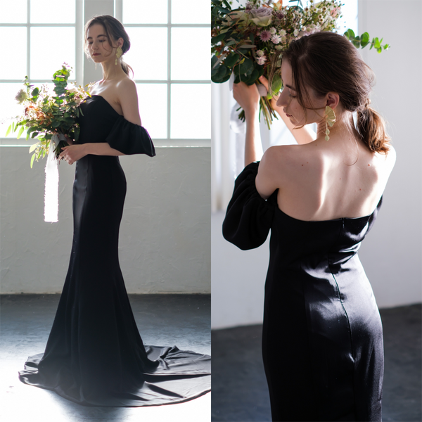 前撮りドレスオフショルダー ボリューム袖 サテン ブラック ソフトマーメイドドレス