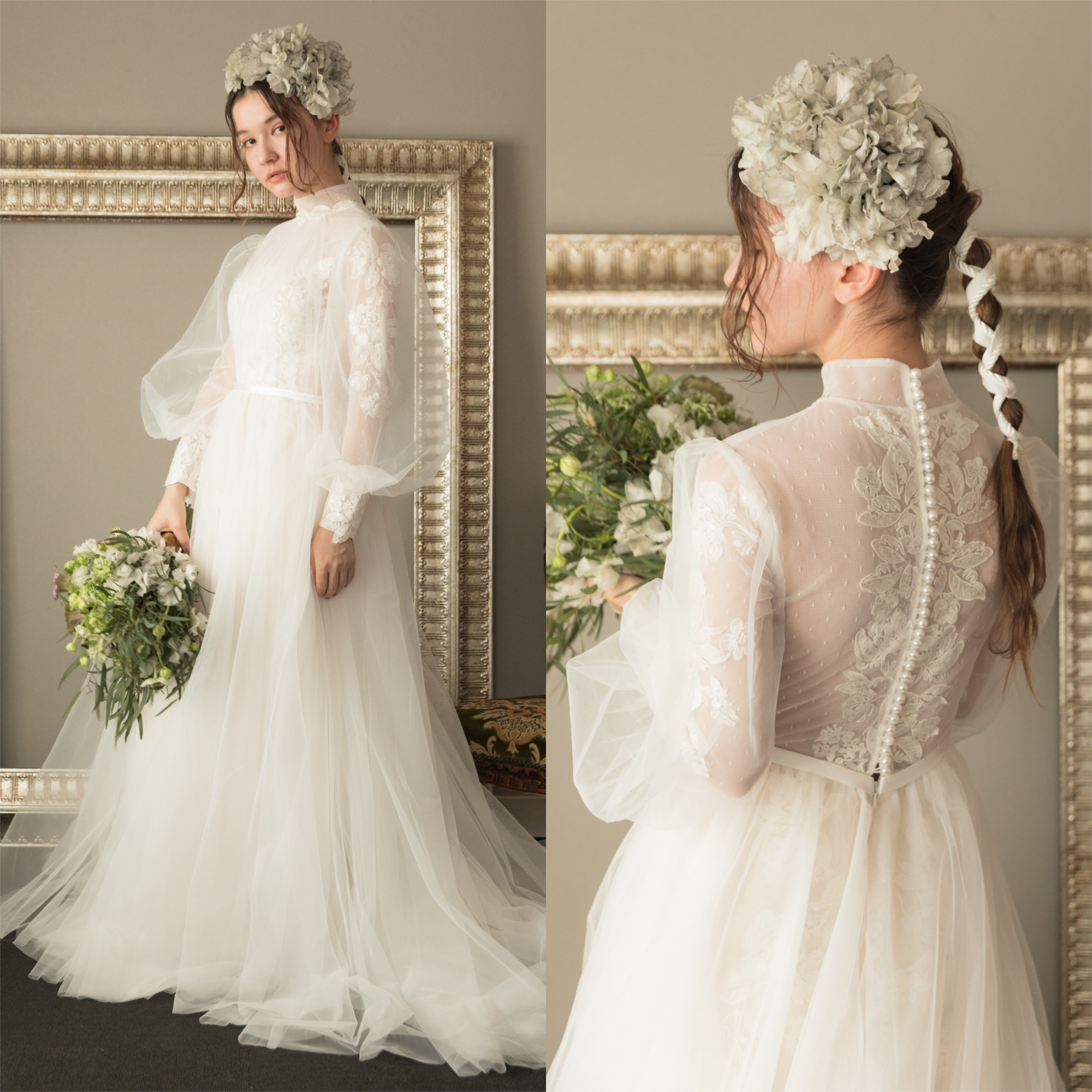 DRESS PRODUCTION ウェディングドレス 刺繍 前撮りドレス バック刺繍 ボリューム袖 ウエディングドレス(W40)